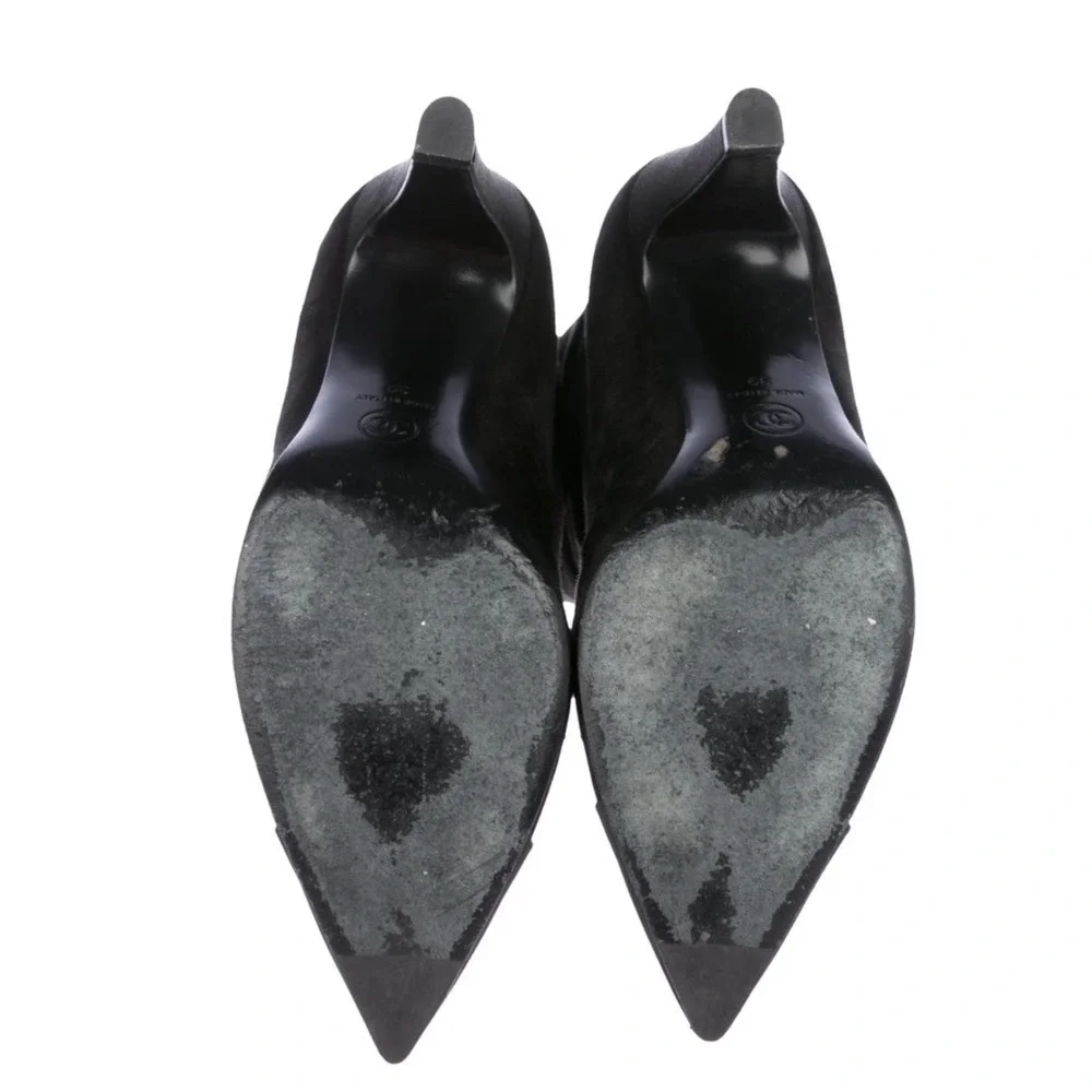 Chanel Black Suede Mid-Calf Boots Pointed Toe CC Logo Heels IT 39 US 9